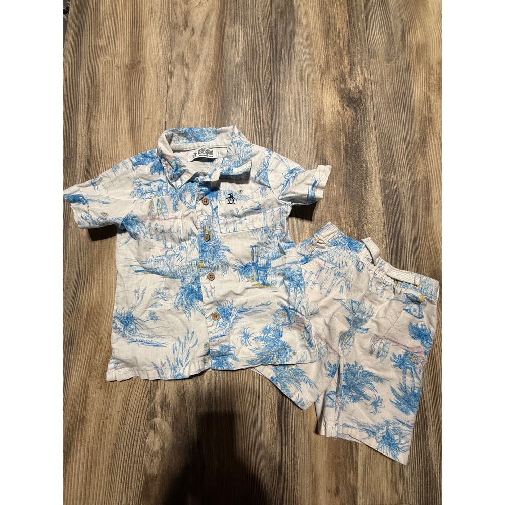 Penguin Shirt and Shorts Set Blue White Toile Coastal Surfchic